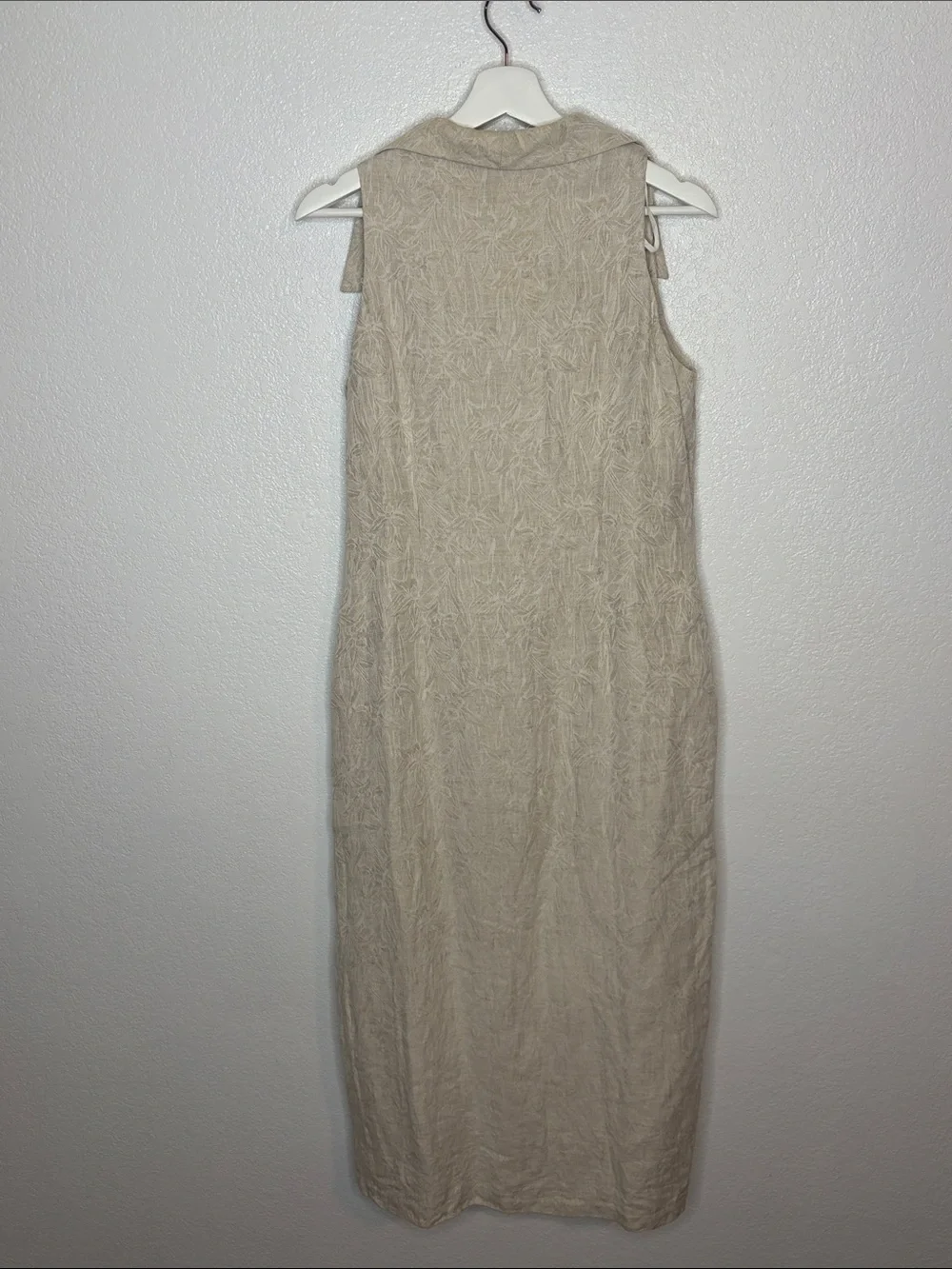 Vintage NY Sake Tan Botanical Print Cotton Linen Button Down Midi Dress Size 14